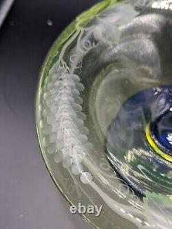 Vaseline Glass On Cobalt Pedestal Fruit Bowl Rare Vintage