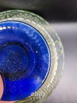Vaseline Glass On Cobalt Pedestal Fruit Bowl Rare Vintage