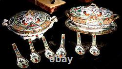 Very Beautiful Set Of Famille Rose Roosters Tureens With Underplate And Spoons