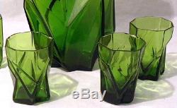Very Rare Consolidated Ruba Rombic Whiskey Decanter & 4 Tumblers Jungle Green