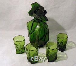 Very Rare Consolidated Ruba Rombic Whiskey Decanter & 4 Tumblers Jungle Green