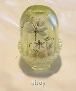 Very Rare Fenton Lily Trails Topaz / Vaseline Hand-painted Fairy Lamp