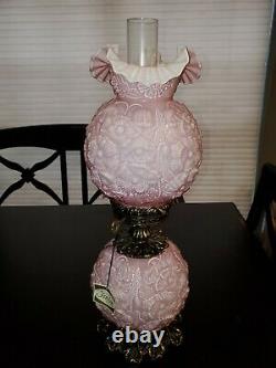 Very Rare, NIB Fenton Dusty Rose Overlay Glass Gone WithThe Wind Lamp Poppies 24