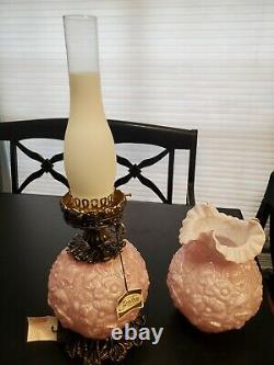 Very Rare, NIB Fenton Dusty Rose Overlay Glass Gone WithThe Wind Lamp Poppies 24