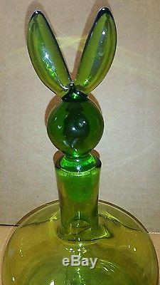 Very Rare Vtg 1970's Green BLENKO Glass Rabbit Playboy Bunny Topped Decanter