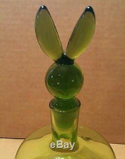 Very Rare Vtg 1970's Green BLENKO Glass Rabbit Playboy Bunny Topped Decanter