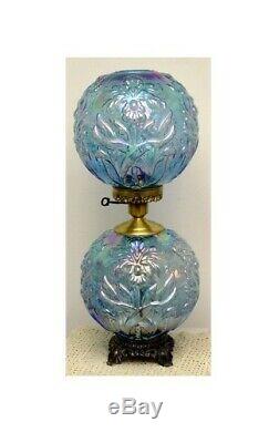 Very Scarce Fenton Ice Blue Carnival Regal Iris Gone with the Wind Lamp