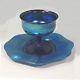 Victorian Antique Art Glass Tiffany Blue Favrile Sherbet and Underliner Signed