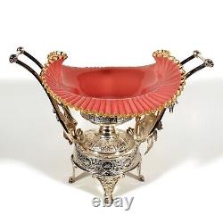 Victorian Cased Cranberry Art Glass Bride's Bowl Ornate Meriden Silverplate Base