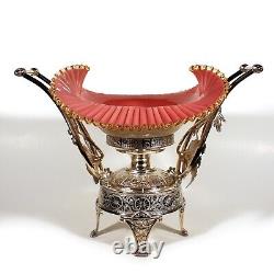Victorian Cased Cranberry Art Glass Bride's Bowl Ornate Meriden Silverplate Base
