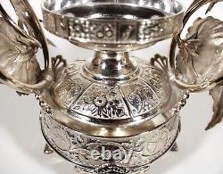 Victorian Cased Cranberry Art Glass Bride's Bowl Ornate Meriden Silverplate Base