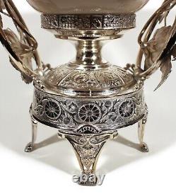Victorian Cased Cranberry Art Glass Bride's Bowl Ornate Meriden Silverplate Base