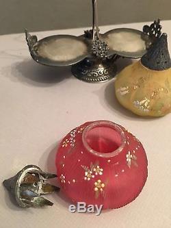 Victorian Mount Washington Glass Salt & Pepper Fig Shakers Silver Plate Caddy