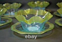 Victorian Set Stevens&Williams Art Opaline Glass Finger Bowl & Plate Threaded 6x