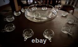Vintage 14 PC Hand Blown Crystal Moderno Riekes Crisa Punch Bowl Set Ladle & Box