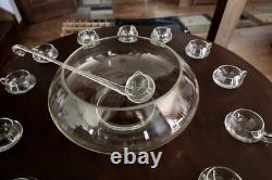 Vintage 14 PC Hand Blown Crystal Moderno Riekes Crisa Punch Bowl Set Ladle & Box