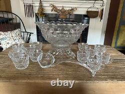 Vintage 1940's Fostoria American Punch Bowl With Cups, Ped And Ladle