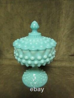 Vintage 1950's Fenton Art Glass Turquoise Hobnail Covered Candy Dish Excellent