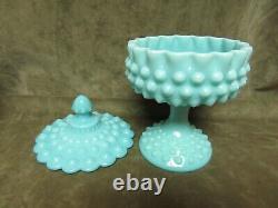 Vintage 1950's Fenton Art Glass Turquoise Hobnail Covered Candy Dish Excellent