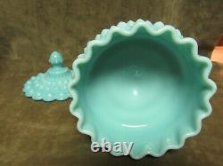 Vintage 1950's Fenton Art Glass Turquoise Hobnail Covered Candy Dish Excellent