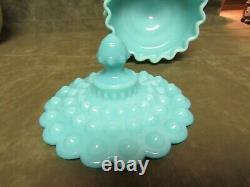 Vintage 1950's Fenton Art Glass Turquoise Hobnail Covered Candy Dish Excellent