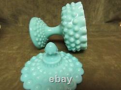 Vintage 1950's Fenton Art Glass Turquoise Hobnail Covered Candy Dish Excellent