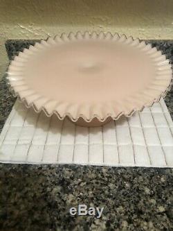 Vintage 1950's Fenton SILVER ROSE Cake Plate Mid Century Pink Milk Glass Stand