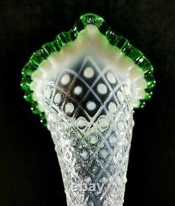 Vintage 1950s Large Emerald Crest Diamond Lace Fenton Epergnes 3 Horn Vase NMINT