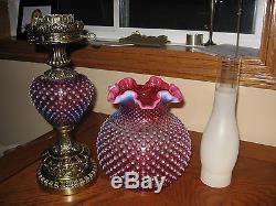 Vintage 1960 Fenton Art Glass Cranberry Opalescent Hobnail Banquet Parlor Lamp