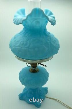 Vintage 1970s Fenton Poppy Blue Satin Milk Glass 19 Lamp