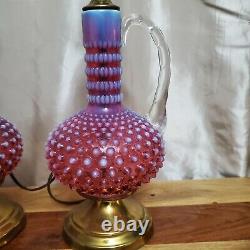 Vintage 50s Fenton Cranberry Opalescent Hobnail 1-Handle Vase/Carafe Lamps 23