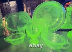 Vintage 9-pc Cameo/Ballerina Uranium Glass Dining Set Green Depression Glass