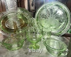 Vintage 9-pc Cameo/Ballerina Uranium Glass Dining Set Green Depression Glass