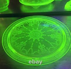 Vintage 9-pc Cameo/Ballerina Uranium Glass Dining Set Green Depression Glass