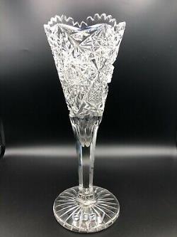 Vintage American Brilliant Heavy Cut Saw Tooth Crystal Trumpet Vase, 12 Tall