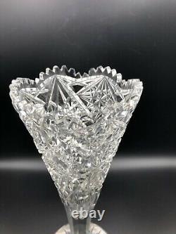 Vintage American Brilliant Heavy Cut Saw Tooth Crystal Trumpet Vase, 12 Tall