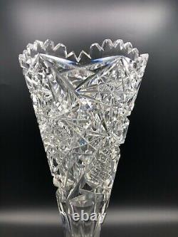 Vintage American Brilliant Heavy Cut Saw Tooth Crystal Trumpet Vase, 12 Tall