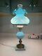 Vintage Antique Beautiful Fenton Blue Satin Poppy Student Table Lamp Condition