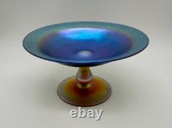 Vintage Antique Quezal Signed Blue Aurene Art Glass Small Compote