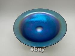 Vintage Antique Quezal Signed Blue Aurene Art Glass Small Compote