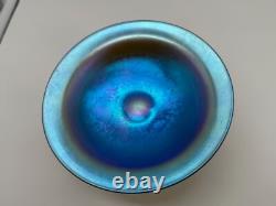 Vintage Antique Quezal Signed Blue Aurene Art Glass Small Compote