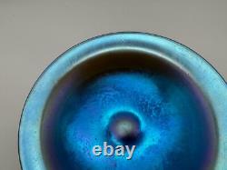 Vintage Antique Quezal Signed Blue Aurene Art Glass Small Compote