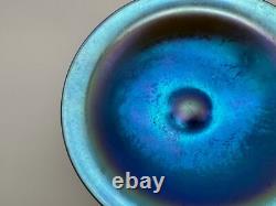 Vintage Antique Quezal Signed Blue Aurene Art Glass Small Compote