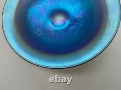 Vintage Antique Quezal Signed Blue Aurene Art Glass Small Compote