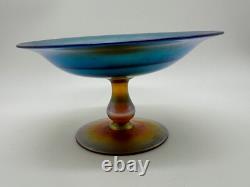 Vintage Antique Quezal Signed Blue Aurene Art Glass Small Compote