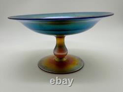 Vintage Antique Quezal Signed Blue Aurene Art Glass Small Compote