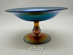 Vintage Antique Quezal Signed Blue Aurene Art Glass Small Compote