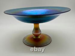 Vintage Antique Quezal Signed Blue Aurene Art Glass Small Compote