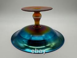 Vintage Antique Quezal Signed Blue Aurene Art Glass Small Compote
