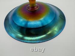 Vintage Antique Quezal Signed Blue Aurene Art Glass Small Compote